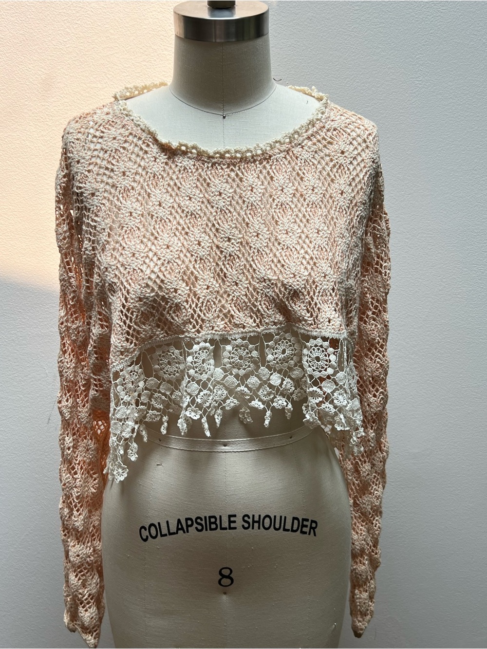 Free People New Romantics Crochet Lace Crop Top Peach Cream Open Knit S/P